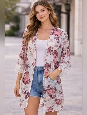 Wallflower Floral Kimono Cardigan | Boho Sheer Lace Trim Cover-Up Size M